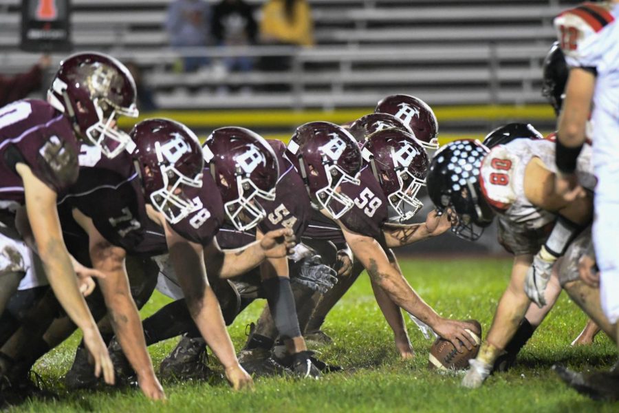 On the line! The Slaters get ready to make a stellar play on the field against the Panthers. There were many notable seniors including Seth Diorio, who was named to First Team All-League as a guard and as an inside linebacker, and David Langdon who made Second Team as a tackle. 