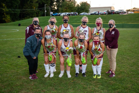 WE LOVE OUR SENIORS! Slater field hockey seniors pose while celebrating an exciting senior night win. Going all out, these fashionable Slaters are even sporting class of 2021 masks! 