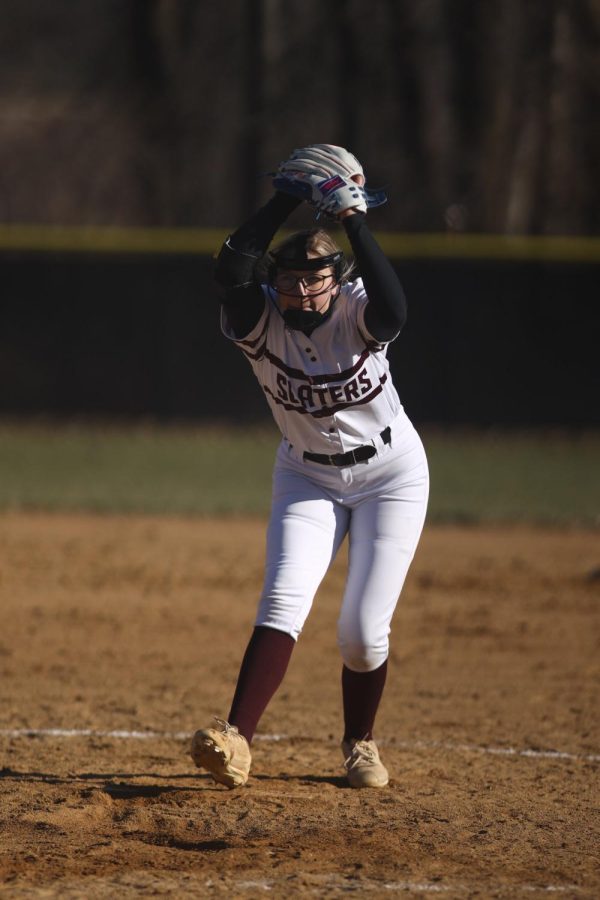  STRIKE! Sophomore Jaelyn Silfies starts off strong helping the Slaters defend against Southern Lehigh. Silfies is the starting pitcher for the Bangor Slaters.